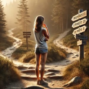 Femme contemplant un chemin de randonnée avec plusieurs directions, illustrant l’incertitude avant de se lancer