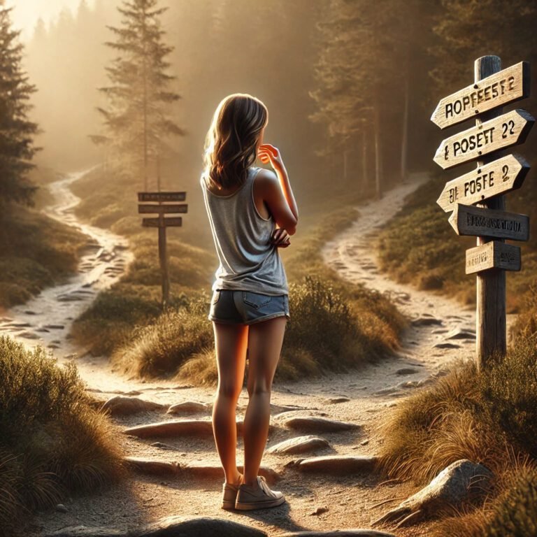 Femme contemplant un chemin de randonnée avec plusieurs directions, illustrant l’incertitude avant de se lancer