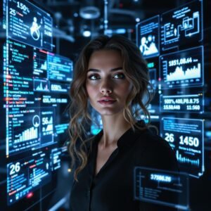Femme dans un environnement numérique futuriste, entourée d’écrans de données et de code, symbolisant la montée en puissance des femmes dans la tech