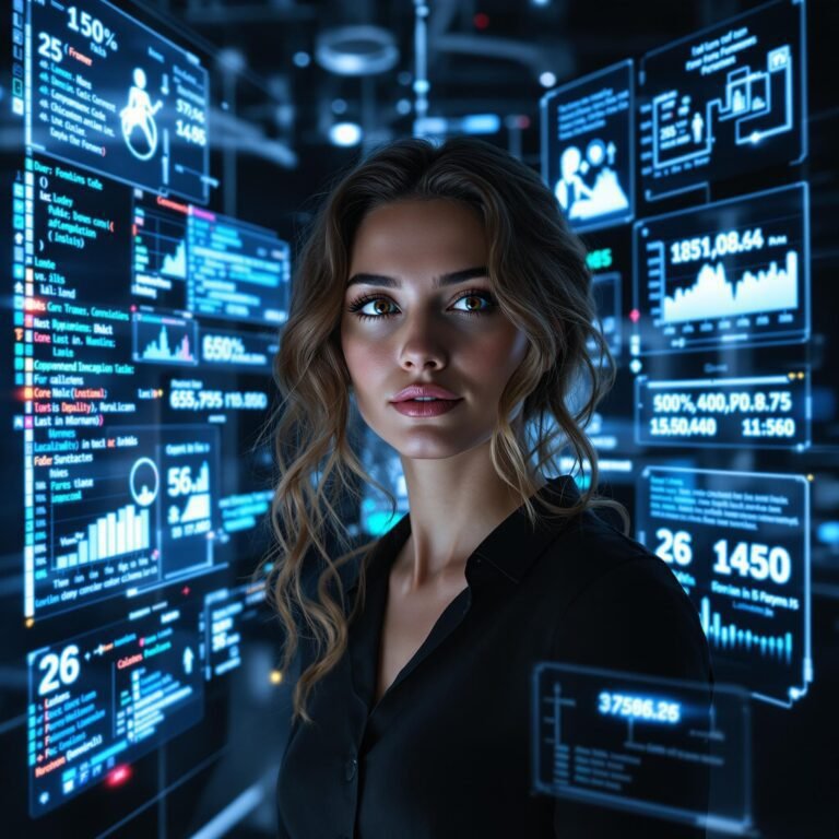 Femme dans un environnement numérique futuriste, entourée d’écrans de données et de code, symbolisant la montée en puissance des femmes dans la tech