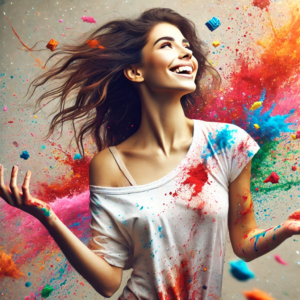 Femme projetant de la peinture en l'air, symbolisant la créativité et l’expression libre