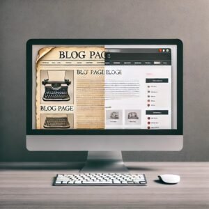 Écran d’ordinateur affichant un blog divisé en deux, avec une moitié ancienne et l’autre modernisée, symbolisant la mise à jour d’un article pour le SEO.