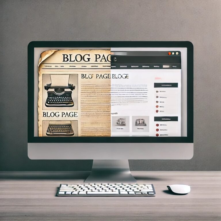 Écran d’ordinateur affichant un blog divisé en deux, avec une moitié ancienne et l’autre modernisée, symbolisant la mise à jour d’un article pour le SEO.