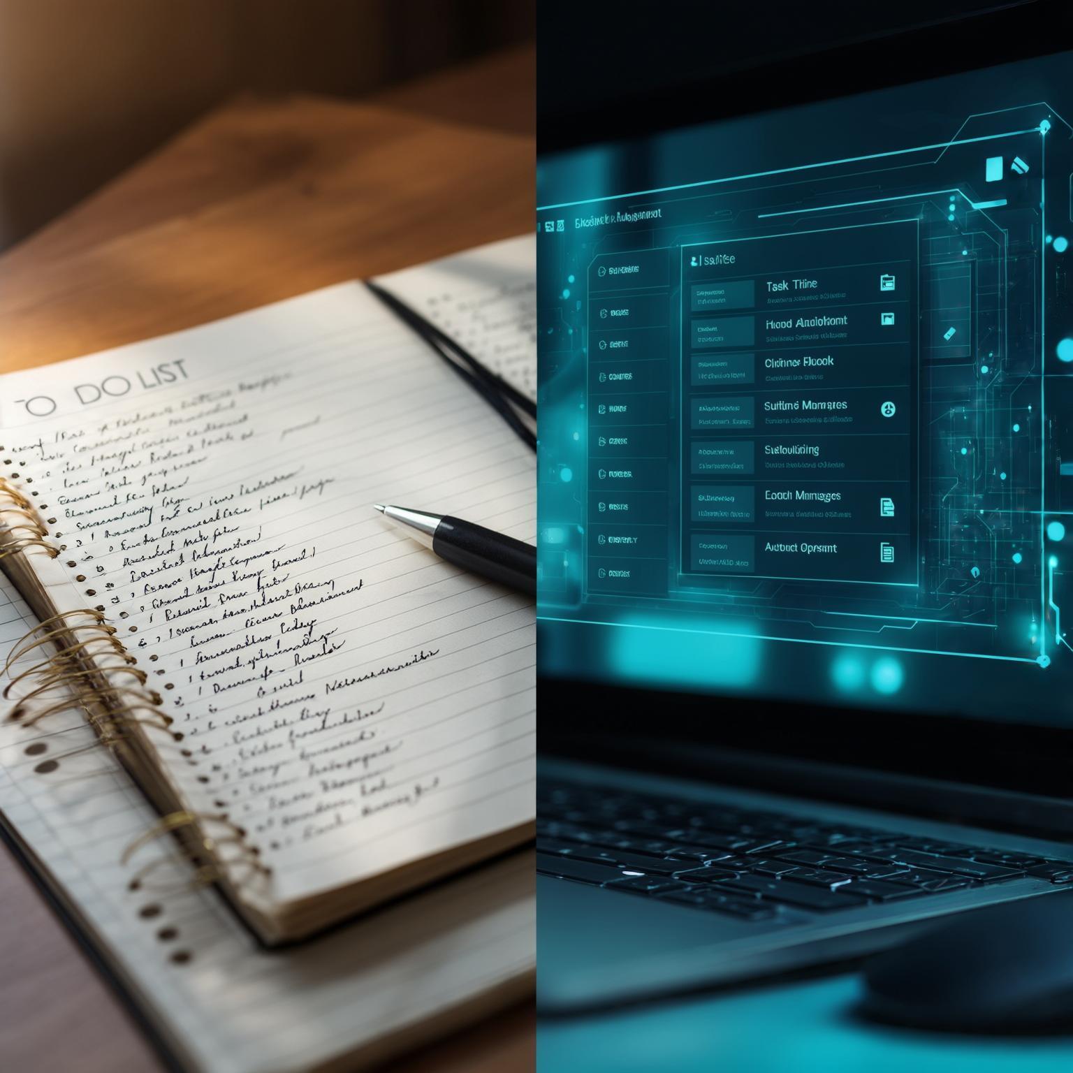 Comparaison entre une to-do list manuscrite et un écran digital affichant un système d’automatisation, illustrant l’impact de l’automatisation sur la gestion des tâches.