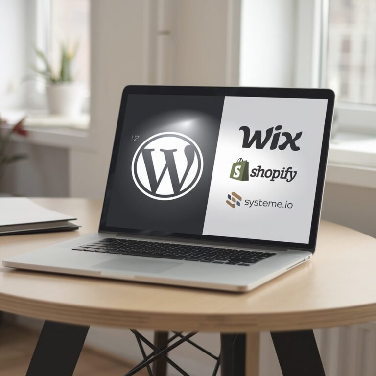 Comparatif entre WordPress, Wix, Shopify et Systeme.io sur un écran d’ordinateur portable.