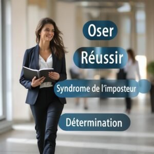 Une entrepreneure digitale confiante avançant avec détermination, entourée de mots-clés illustrant la confiance en soi et l'entrepreneuriat