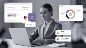 Femme entrepreneure travaillant sur un ordinateur, avec des interfaces No Code et IA affichées en superposition, illustrant l’accessibilité des outils digitaux pour automatiser et développer un business en ligne