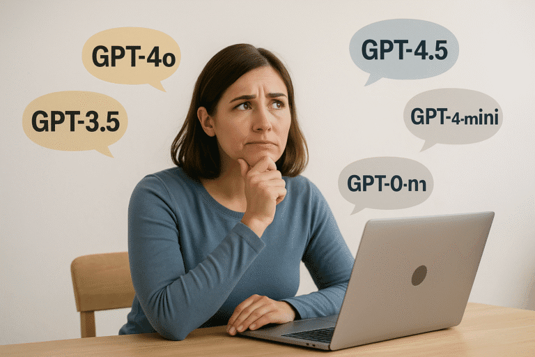 Femme réfléchissant devant son ordinateur pour choisir entre différents modèles d'intelligence artificielle ChatGPT comme GPT-3.5, GPT-4, GPT-4.5, GPT-4-mini et GPT-4-mini-high.