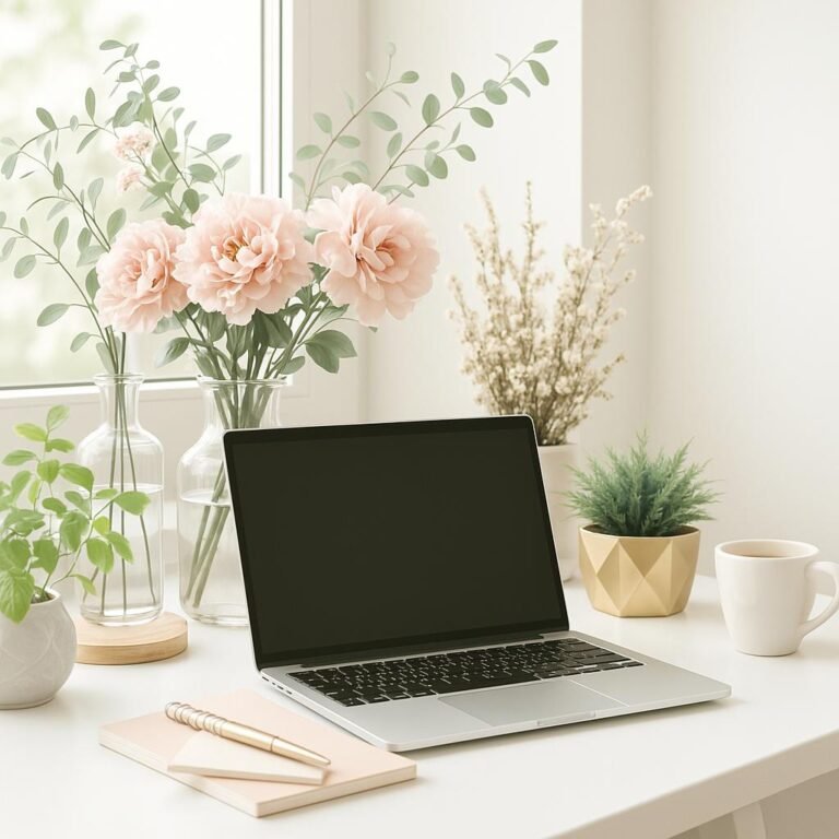 Coin bureau lumineux avec fleurs et ordinateur portable sur une table blanche, ambiance féminine et inspirante.