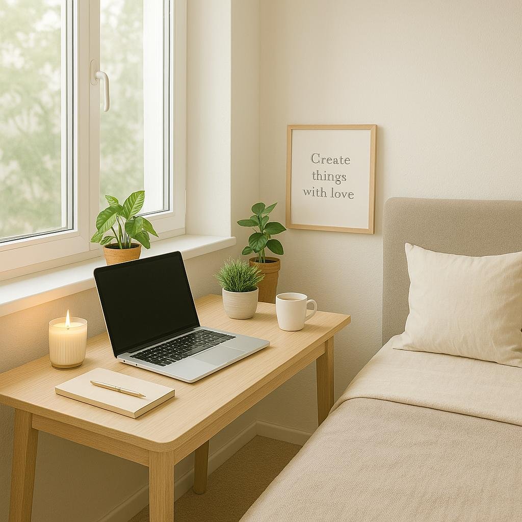 image-bureau-cosy-2 Petit espace de travail minimaliste près du lit avec plante verte, carnet et tasse de café.