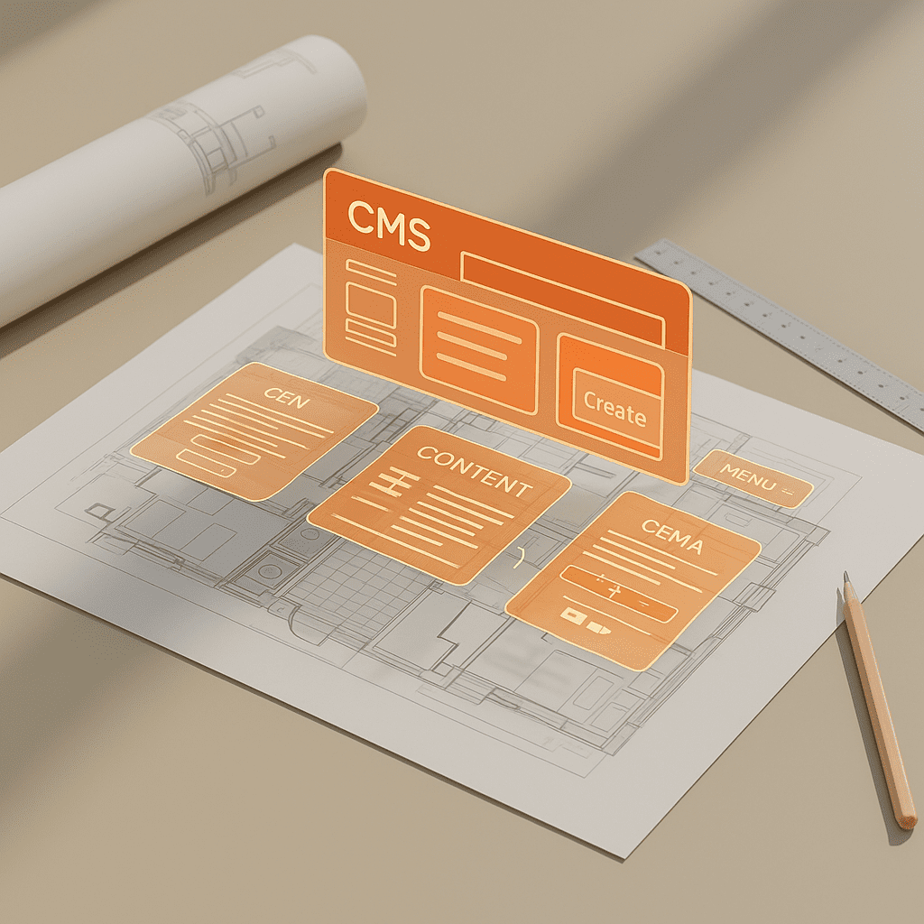 Plan d’architecture sur table beige avec superposition d’éléments d’interface CMS esquissés, illustrant la construction digitale d’un site web