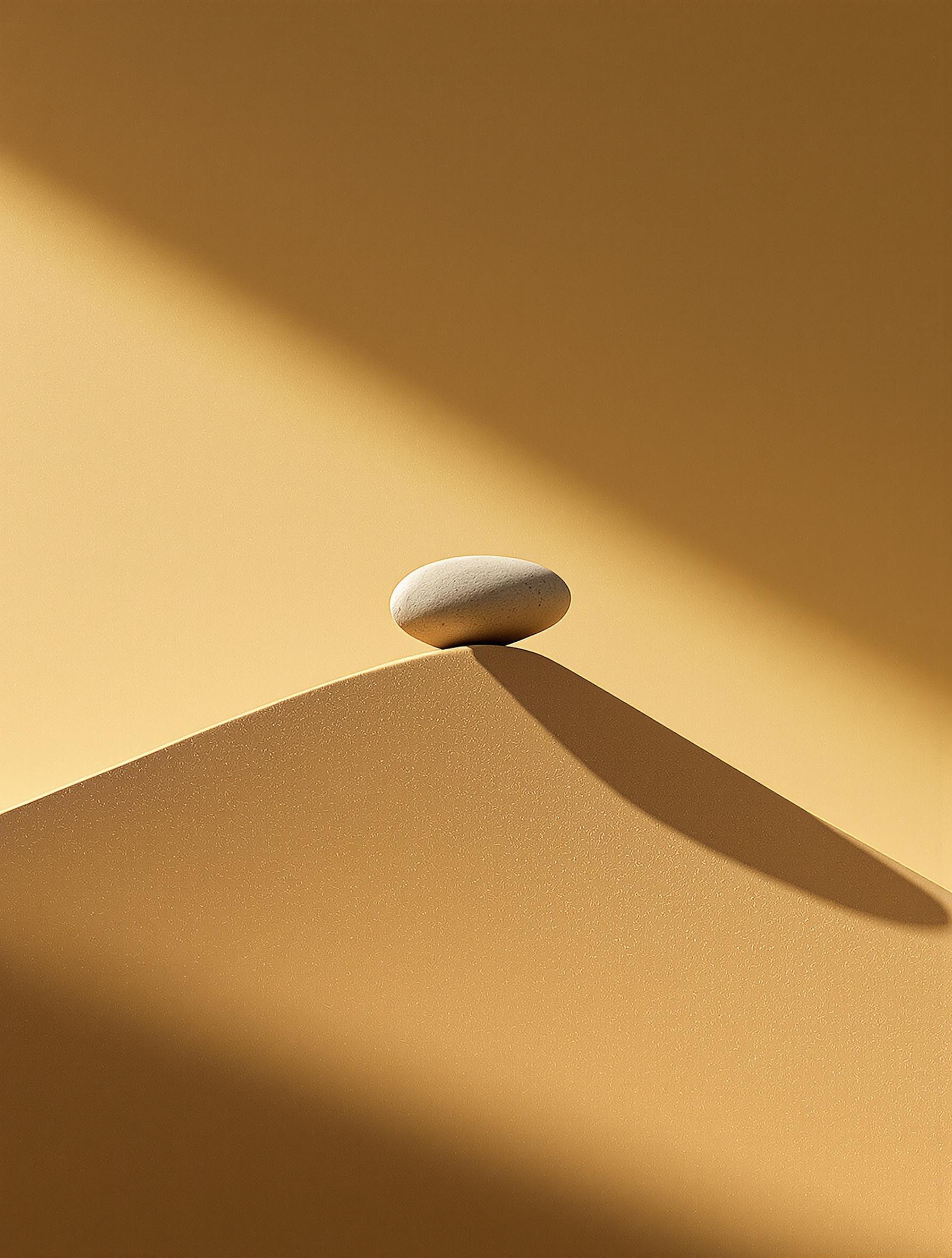 Affiche dramatique pierre poli en équilibre sur crête de sable éclairage cinématographique ombres longues