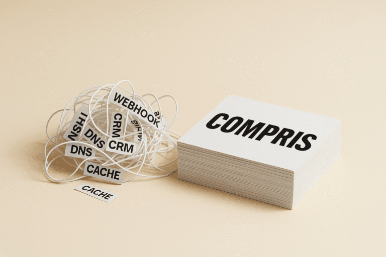 amas de bandes enchevêtrées avec des mots techniques confus, à côté d’une pile rangée marquée “clair” — métaphore du tri dans le jargon digital