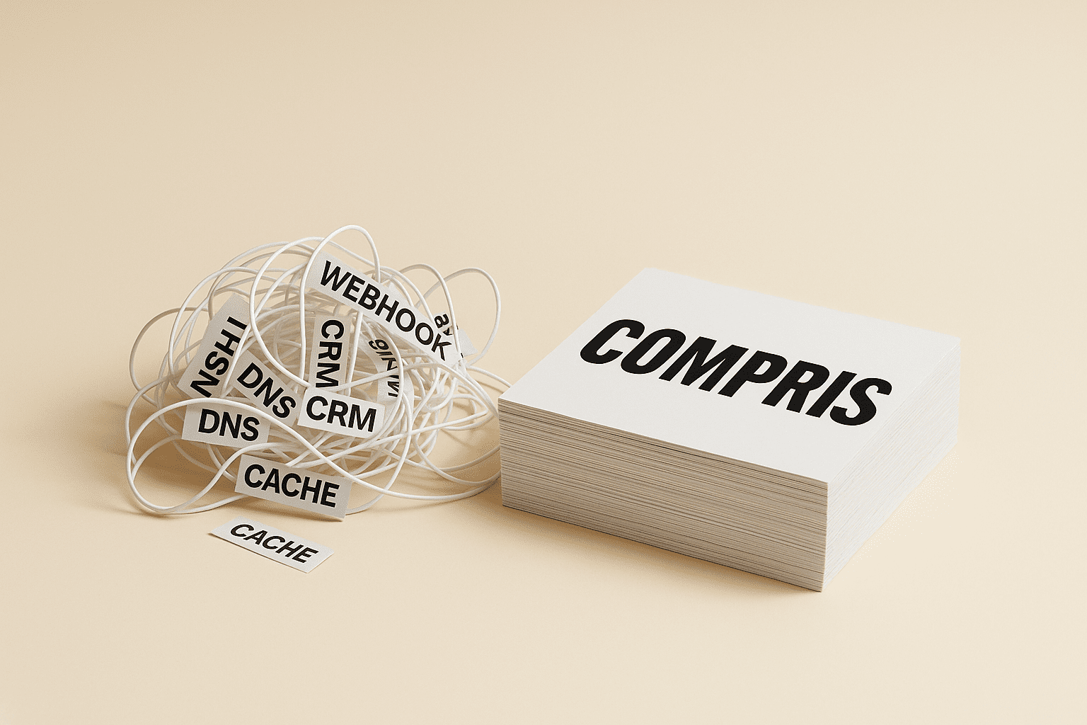 amas de bandes enchevêtrées avec des mots techniques confus, à côté d’une pile rangée marquée “clair” — métaphore du tri dans le jargon digital