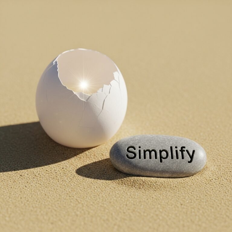 Coquille d'œuf fendue avec lumière traversante sur le mot « Simplify » gravé dans la pierre