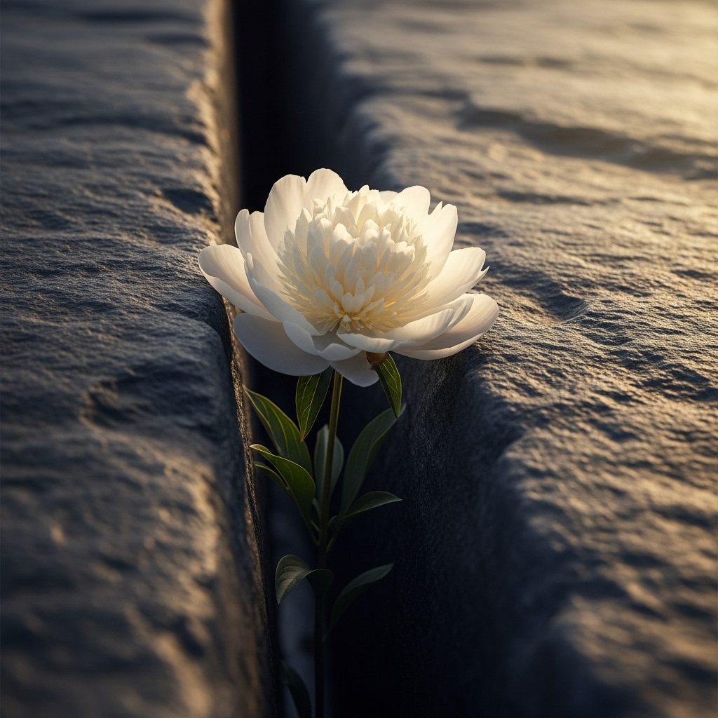 White peony blooming from a crack in dark stone, symbolizing resilience and quiet joy in digital entrepreneurship.