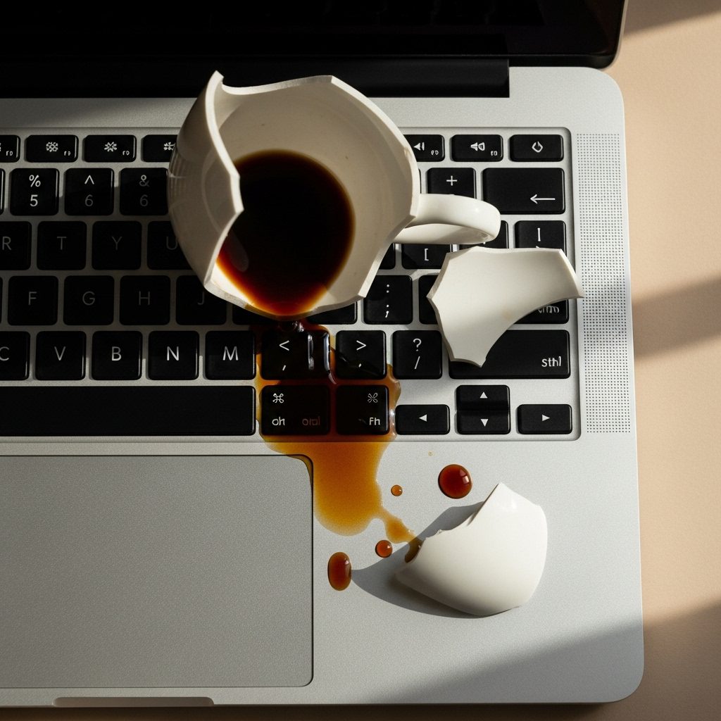 Tasse en porcelaine brisée renversant du café sur un clavier d’ordinateur — métaphore visuelle d’un désastre digital