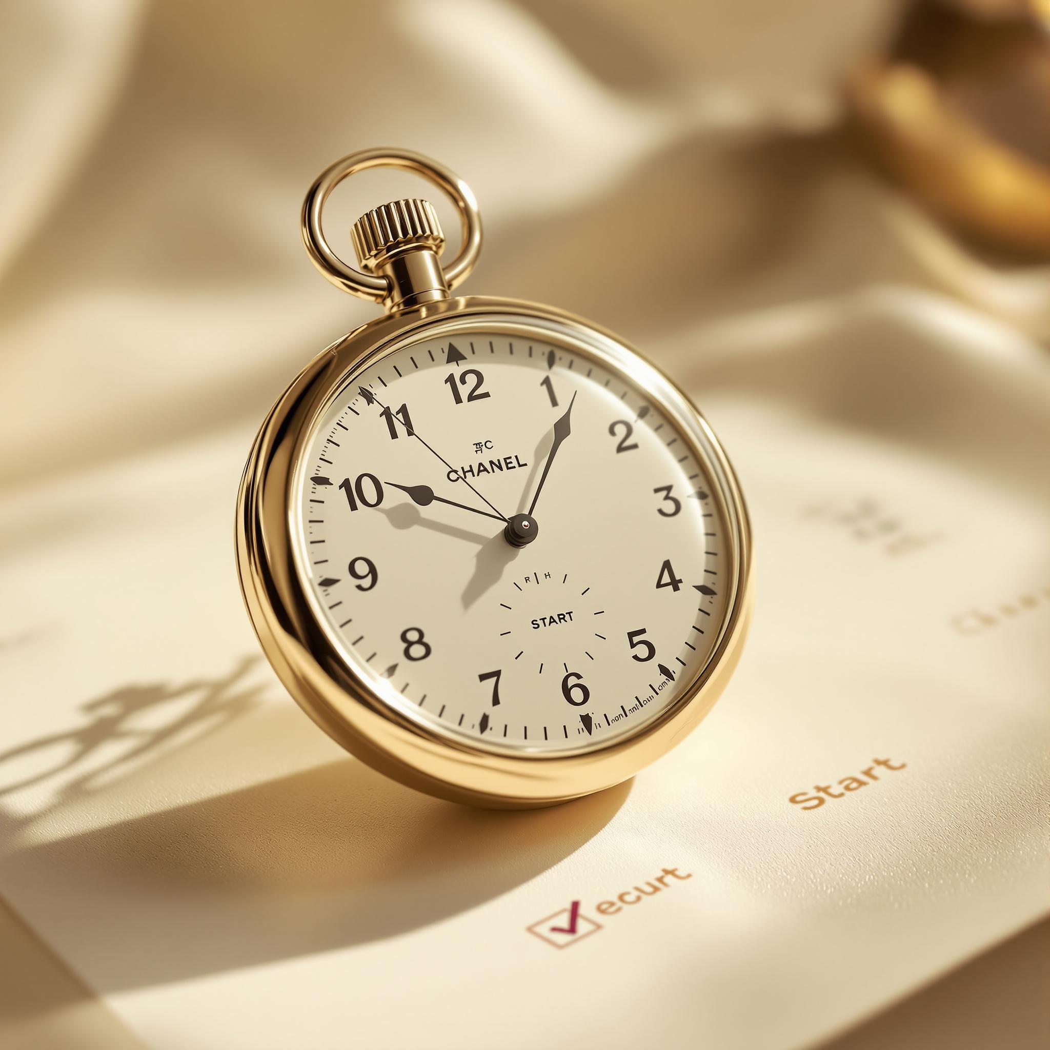 Élégant chronomètre vintage sur fond ivoire, figé à la dernière seconde avant le lancement d'un site web.