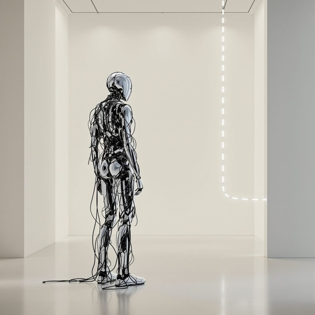 Robot abstrait artistique composé de câbles et de chrome dans un espace minimaliste, symbolisant les robots web.