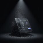 Interface digitale raffinée émergeant d’un bloc pixellisé — métaphore puissante d’un produit bêta, en train de naître à partir d’une idée brute.