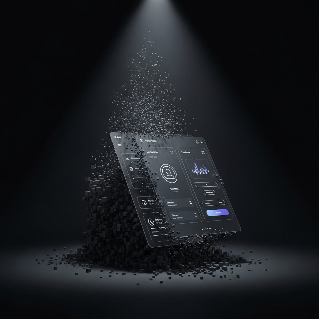 Interface digitale raffinée émergeant d’un bloc pixellisé — métaphore puissante d’un produit bêta, en train de naître à partir d’une idée brute.