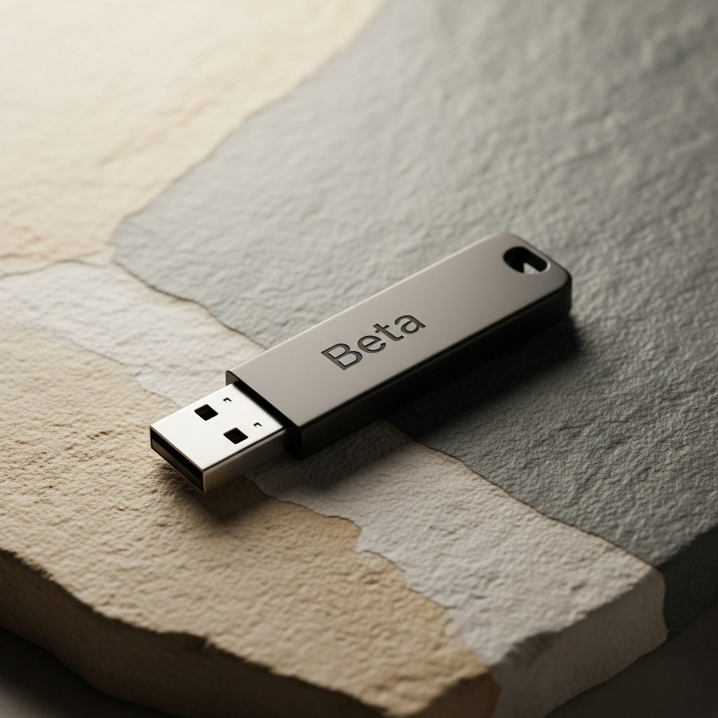Clé USB gravée “Beta” posée sur une surface en pierre brute — représentation minimaliste et premium d’un produit digital en version bêta, simple mais porteur de valeur.