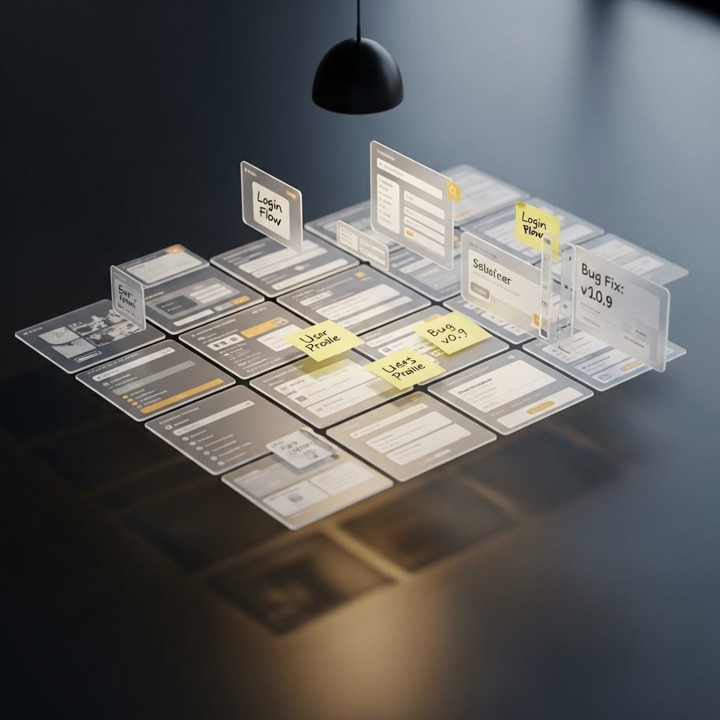Grille modulaire de wireframes et post-its digitaux en cours de création — représentation visuelle d’un produit digital en version bêta, construit en avançant.