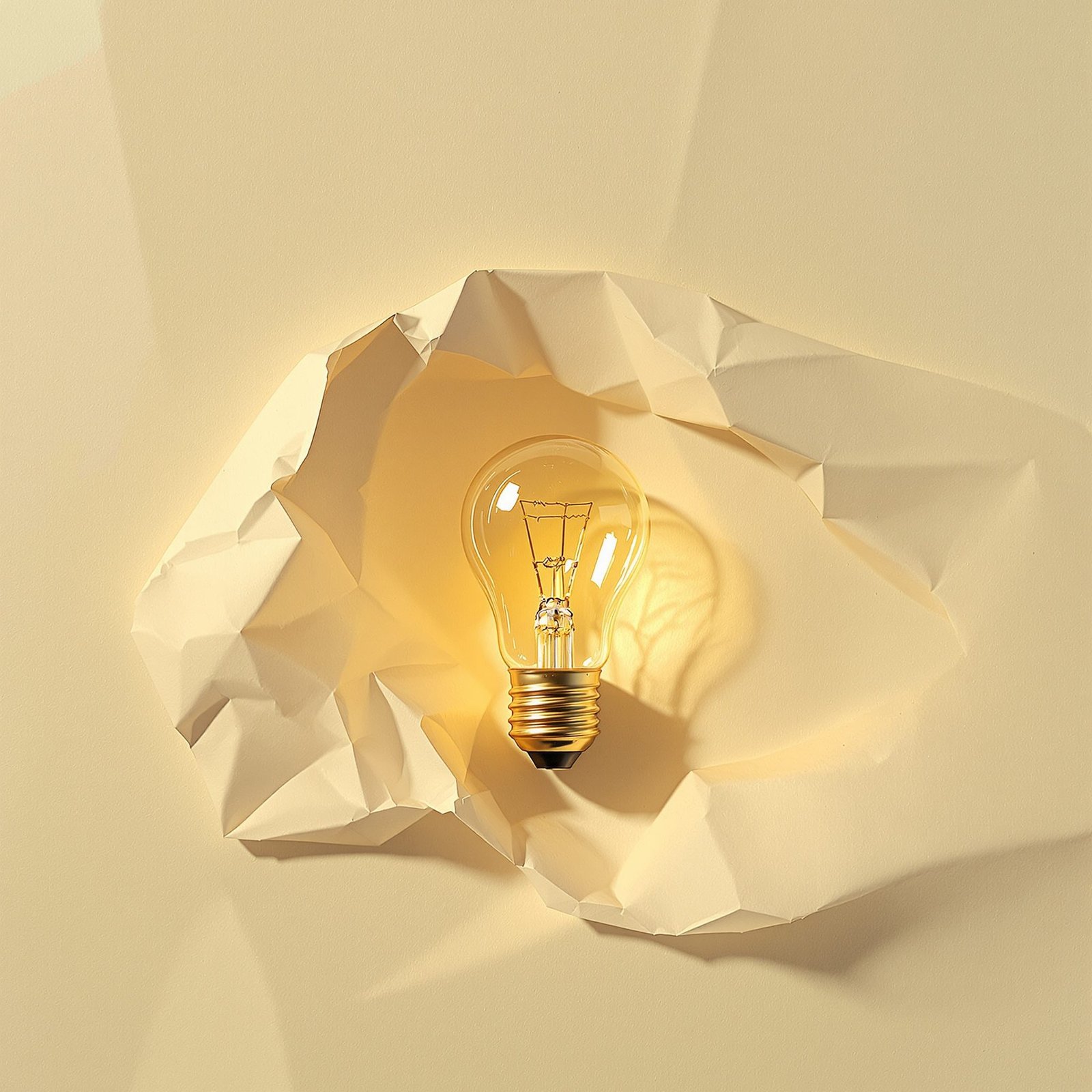 Une ampoule sur du papier beige entourée de feuilles froissées — métaphore visuelle de la clarté émergeant d'idées confuses.
