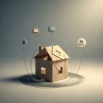 Structure papier minimaliste représentant la maison digitale, connectée à des icônes flot­tantes symbolisant le blog, la newsletter et l’automatisation dans une palette sable, sauge et ivoire. Image conceptuelle haut de gamme.