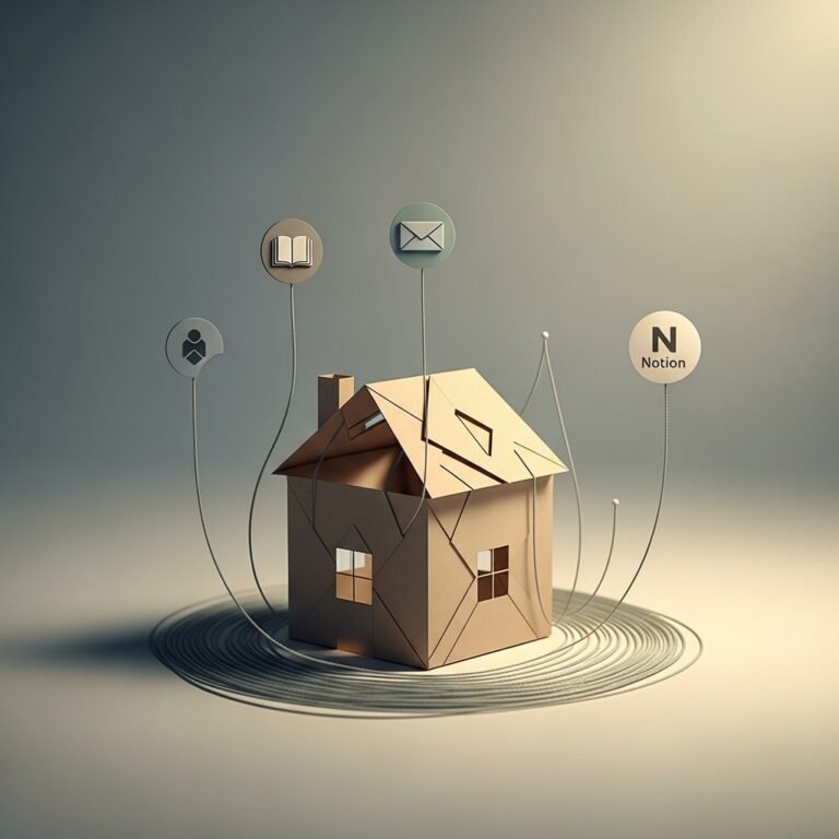 Structure papier minimaliste représentant la maison digitale, connectée à des icônes flot­tantes symbolisant le blog, la newsletter et l’automatisation dans une palette sable, sauge et ivoire. Image conceptuelle haut de gamme.