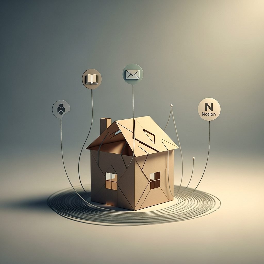 Structure papier minimaliste représentant la maison digitale, connectée à des icônes flot­tantes symbolisant le blog, la newsletter et l’automatisation dans une palette sable, sauge et ivoire. Image conceptuelle haut de gamme.