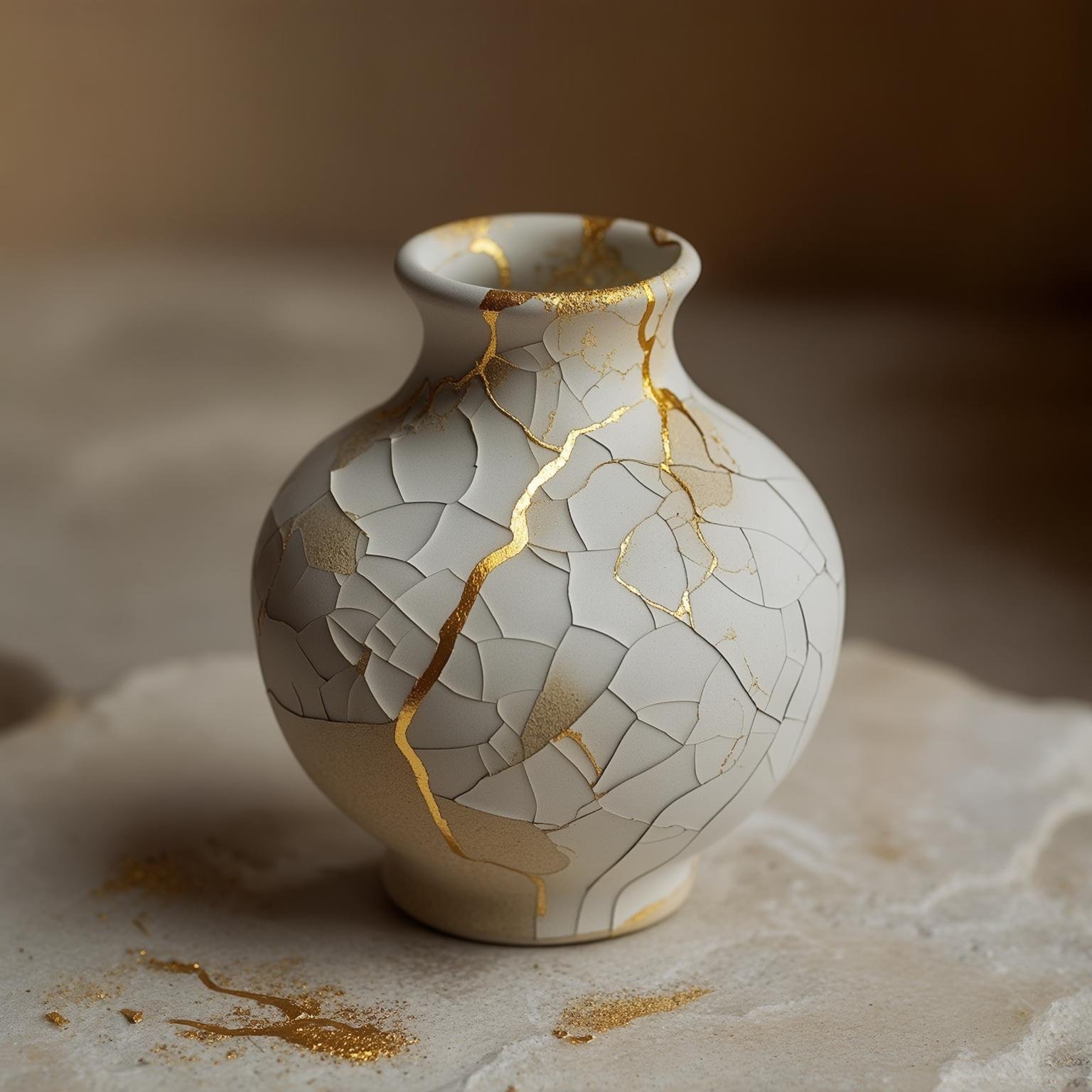 Vase fendu réparé à l’or, concept d’expérimentation et d’imperfection maîtrisée pour infopreneuriat