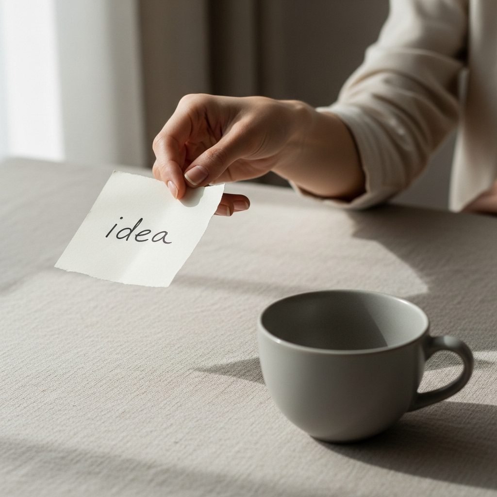 Main féminine tendant une idée manuscrite vers une tasse vide, symbolisant l’échange d’idées en infoprenariat