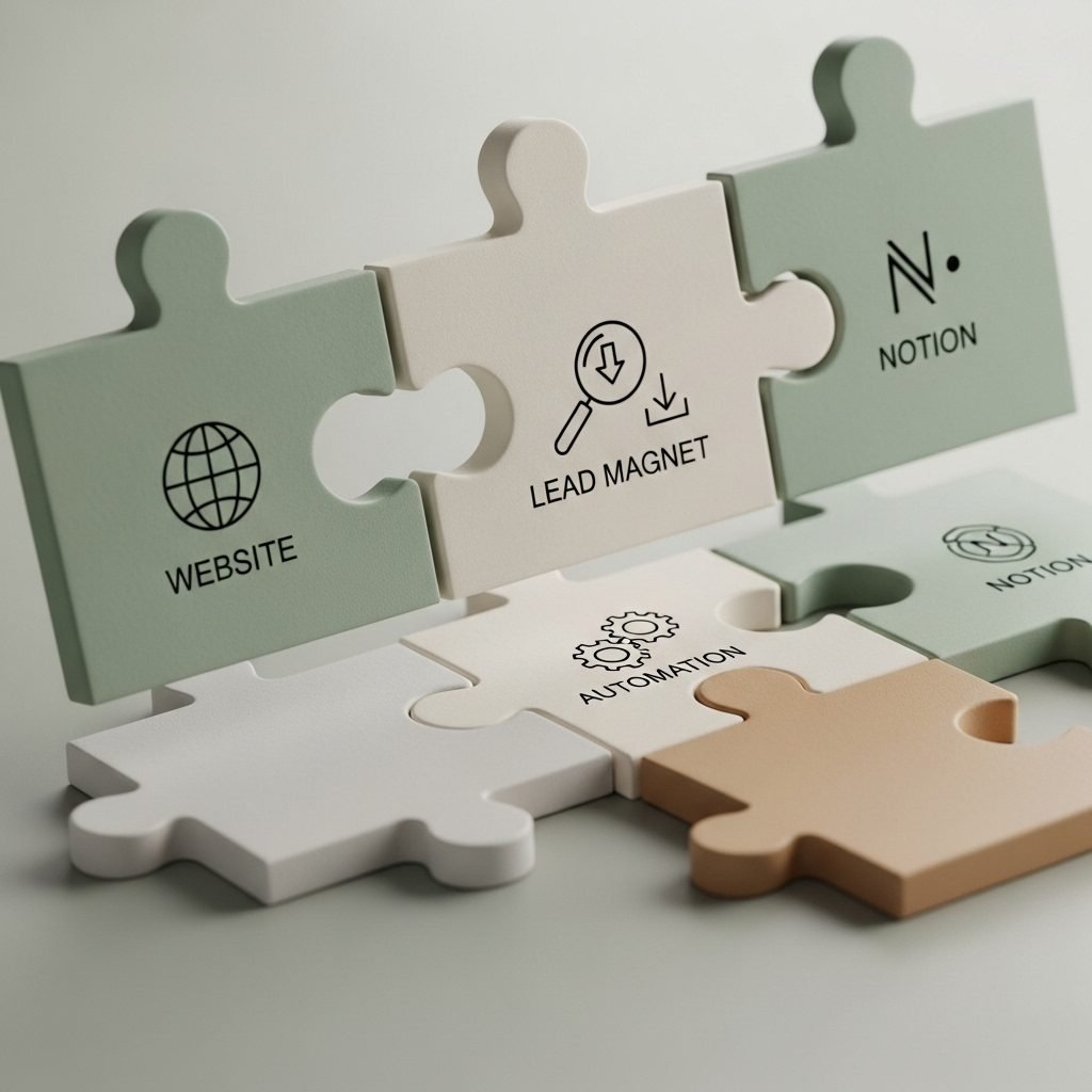 Pièces de puzzle levitantes en sauge, ivoire et sable, gravées d’icônes minimalistes pour site, lead magnet, automatisation, notion, s’assemblant dans une composition fluide.