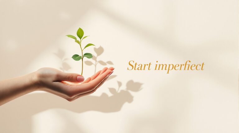 Affiche élégante “Start Imperfect” avec main féminine tenant une pousse sous lumière douce, visuel éditorial inspirant