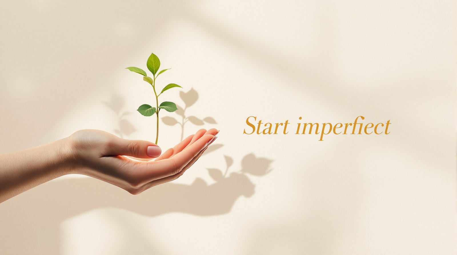 Affiche élégante “Start Imperfect” avec main féminine tenant une pousse sous lumière douce, visuel éditorial inspirant