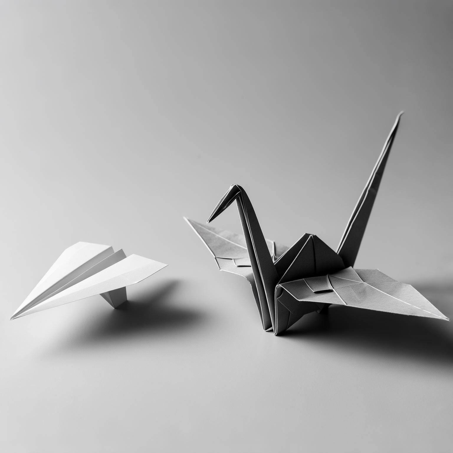 Avion en papier minimaliste à côté d’une grue origami complexe — image métaphorique du lancement en version bêta : simple mais prometteur