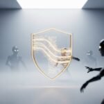 Bouclier minimaliste en verre brillant dans l'espace numérique, symbolisant la protection contre les bots WordPress avec htaccess.