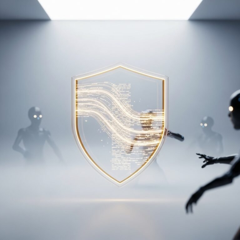 Bouclier minimaliste en verre brillant dans l'espace numérique, symbolisant la protection contre les bots WordPress avec htaccess.