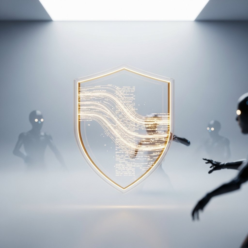 Bouclier minimaliste en verre brillant dans l'espace numérique, symbolisant la protection contre les bots WordPress avec htaccess.