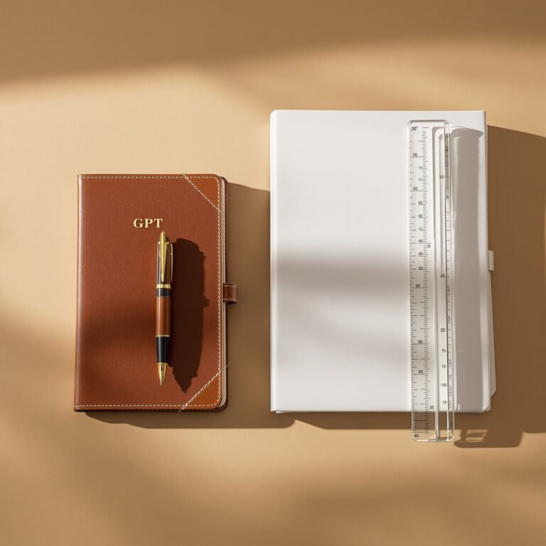 Deux objets symboliques sur une table épurée — stylo et carnet vs règle et dossier — illustrant le choix entre GPT personnalisé et Projet dans ChatGPT.